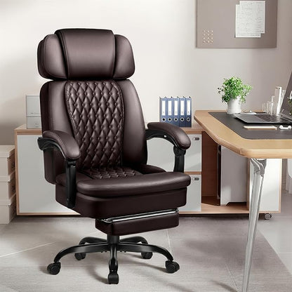 PRETZI Executive Office Chair 400LBS, Ergonomic Office Chair with Foot Rest, Heavy Duty Desk Chair for Home Office, Reclining High Back PU Leather Computer Chair Comfy, Brown