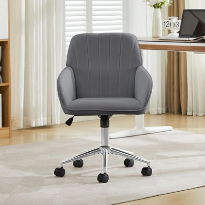 Velvet Home Office Desk Chair, Modern Cute Computer Task Chair with Back, Height Adjustable Upholstered Vanity Chair with Swivel Wheels for Women, Girls (Silver Base, Gray