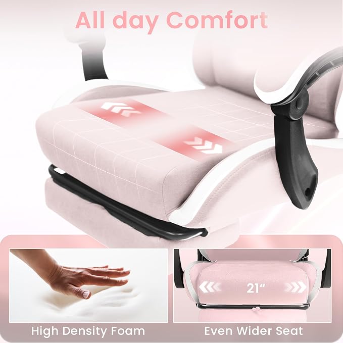 N-GEN GAMING Gaming Chair Video Game Computer Office Desk Use Ergonomic Reclining Backrest Adjustable Armrests Lumbar Support Footrest High Density Foam Breathable Fabric Heavy Duty Base (Pink)