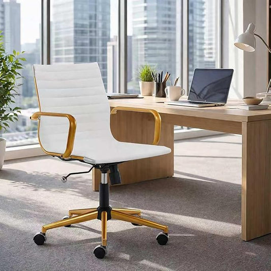 Office Chair with Arms, White and Gold Faux Leather Desk Chair, Adjustable Swivel Task Seating for Women, Vanity Room and Home Office