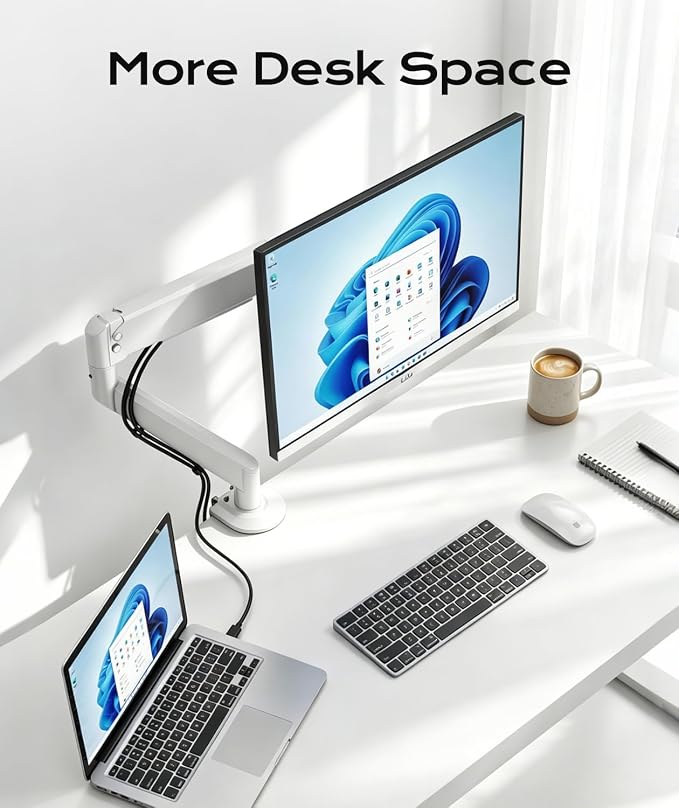 Pholiten Single Monitor Mount, Fully Adjustable Gas Spring Single Monitor Arm for up to 32 inch Screens, Computer Monitor Stand for Desk Holds up to 24lb, VESA 75/100mm, White