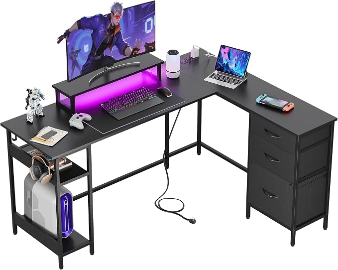 DEVAISE 60 Inch L Shaped Gaming Desk with Drawers and Storage, Corner Desk with LED Lights, Power Outlets, Computer Desk with Monitor Stand, Office Desk for Home, Black