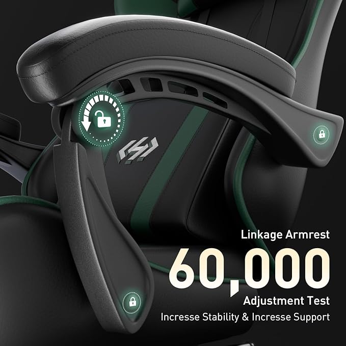 HLDIRECT Gaming Chair, Ergonomic Computer Office Chair with Lumbar Support Footrest Headrest, Adjustable Height & Backrest Angle Video Gamer Chair, PU Leather, 360° Swivel, Adult (Black&Green)