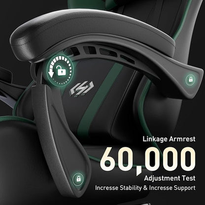 HLDIRECT Gaming Chair, Ergonomic Computer Office Chair with Lumbar Support Footrest Headrest, Adjustable Height & Backrest Angle Video Gamer Chair, PU Leather, 360° Swivel, Adult (Black&Green)