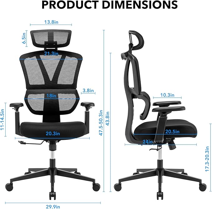Ergonomic Mesh Office Chair, 400 lb Capacity for Work & Gaming | Mesh back and memory foam seat provide comfort, while adjustable headrest and lumbar support ease strain.