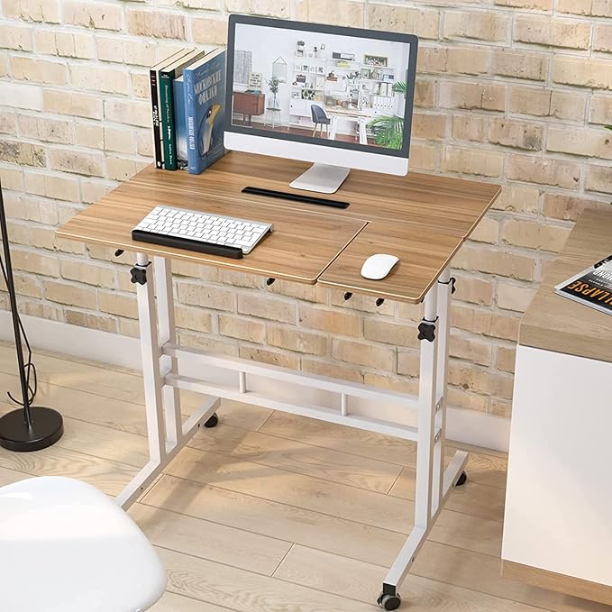 soges 31.5inches Height Adjustable Desk Laptop Desk on The Wheels, Rolling Stand Up Desk Computer Desk Adjustable Standing Desk Sit and Stand Desk Portable Laptop Table, Oak