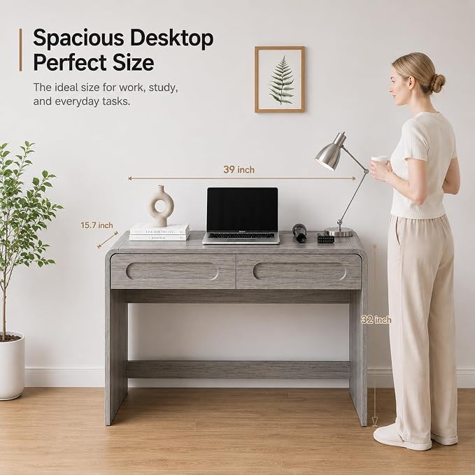 Writing Desk with 2 Drawers, Home Office Computer Desk for Small Spaces | Grey Study Desk for Bedroom, Compact Workstation Table, Vanity Desk for Apartment and Dorm Room