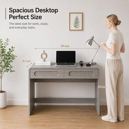 Writing Desk with 2 Drawers, Home Office Computer Desk for Small Spaces | Grey Study Desk for Bedroom, Compact Workstation Table, Vanity Desk for Apartment and Dorm Room