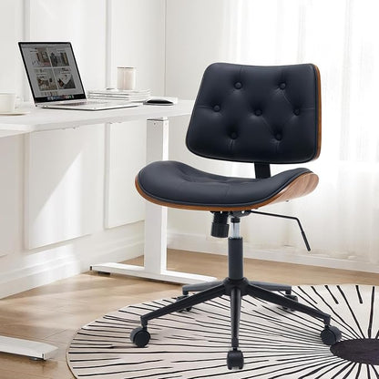 BV Armless Desk Chair with Wheels, 360 Swivel Home Office Chair No Arms, Height Adjustable Task Chair for Small Space, PU Leather Office Chair, Rolling Chair for Reading Room, Conference Room, Black