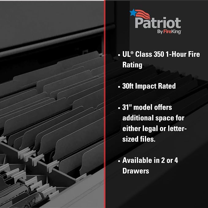 FireKing Patriot Vertical 4 Drawer Legal & Letter Fire Safe File Cabinet, Key Lock, 1 Hour Fire Rated UL Rated & Water Resistant, USA Made, Black