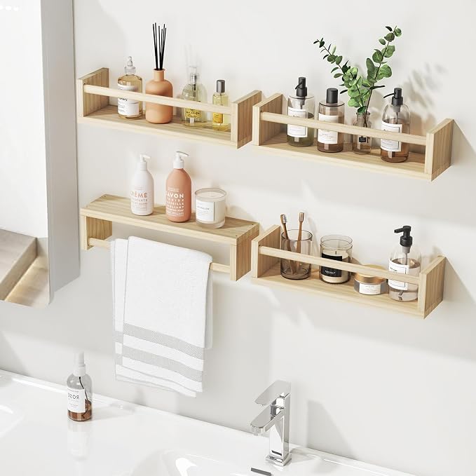 Fixwal Nursery Book Shelves, 16.5 Inch Floating Nursery Bookshelves, Set of 4, Solid Wood Wall Mounted Shelves for Books and Toys Storage (Natural Wood)