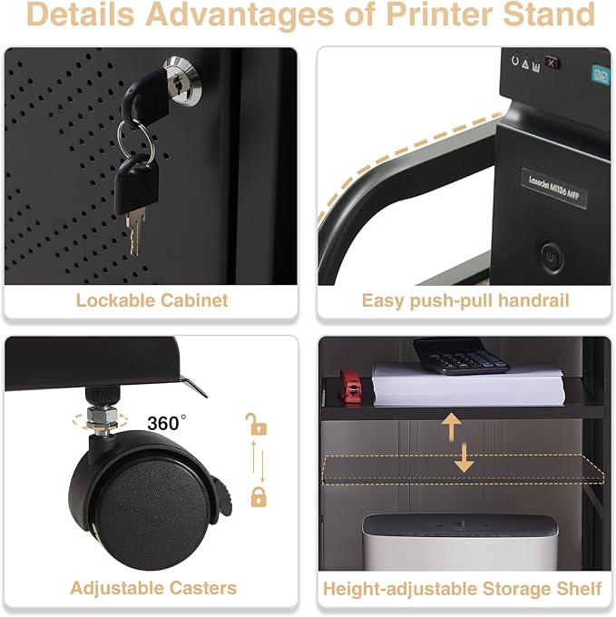 Lauren&Harold Large Printer Stand with Storage, Printer Cabinet with Paper Shredder Stand & PC Tower Stand with Wheels, Printer Table with Socket and USB Charging Port for Home Office