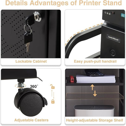 Lauren&Harold Large Printer Stand with Storage, Printer Cabinet with Paper Shredder Stand & PC Tower Stand with Wheels, Printer Table with Socket and USB Charging Port for Home Office