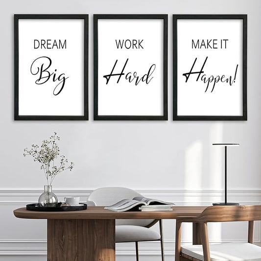 Motivational Wall Art for Office Decor 16x24–Wood Frame Set of 3, Dream Big | Work Hard Make It Happen Sign，Home Office，Black Frame