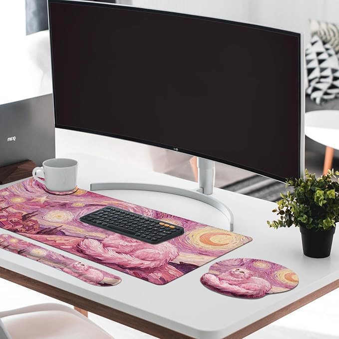 Britimes Pink Cat Moon Keyboard Mouse Pad Set Oil Painting Aesthetic 4in1 Large Mousepad+Keyboard Wrist Rest+Mouse Wrist Rest+Coaster Ergonomic Design for Home Office Computer 35.4x15.7 inches