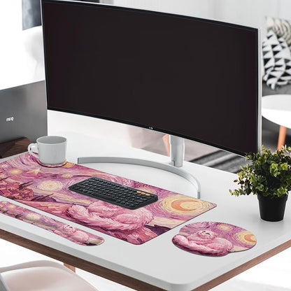 Britimes Pink Cat Moon Keyboard Mouse Pad Set Oil Painting Aesthetic 4in1 Large Mousepad+Keyboard Wrist Rest+Mouse Wrist Rest+Coaster Ergonomic Design for Home Office Computer 35.4x15.7 inches