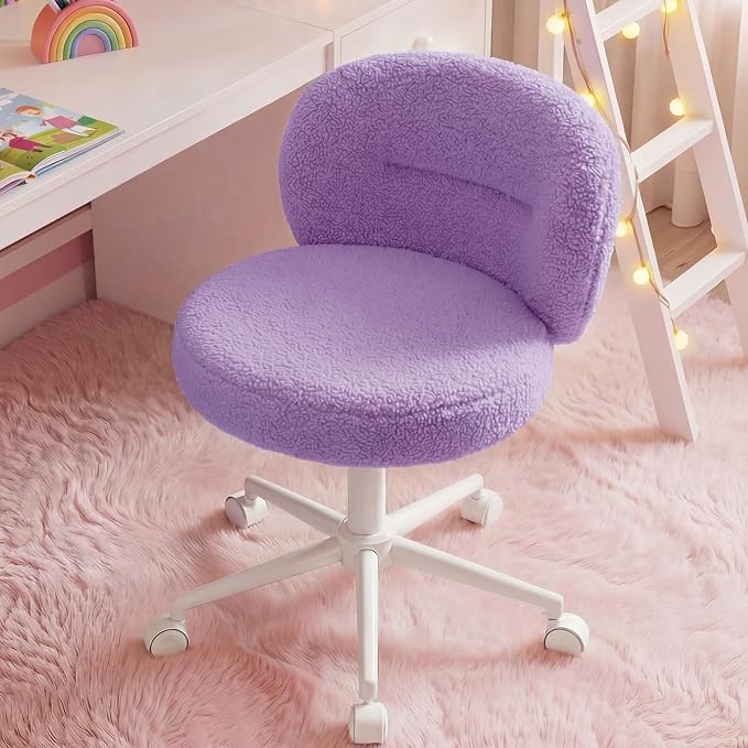 Homkdom Small Round Vanity Chair, Armless Home Office Desk Chairs with Back, Height Adjustable & 360° Swivel, Cute Comfy Vanity Computer Chair for Bedroom, Home Office, Purple