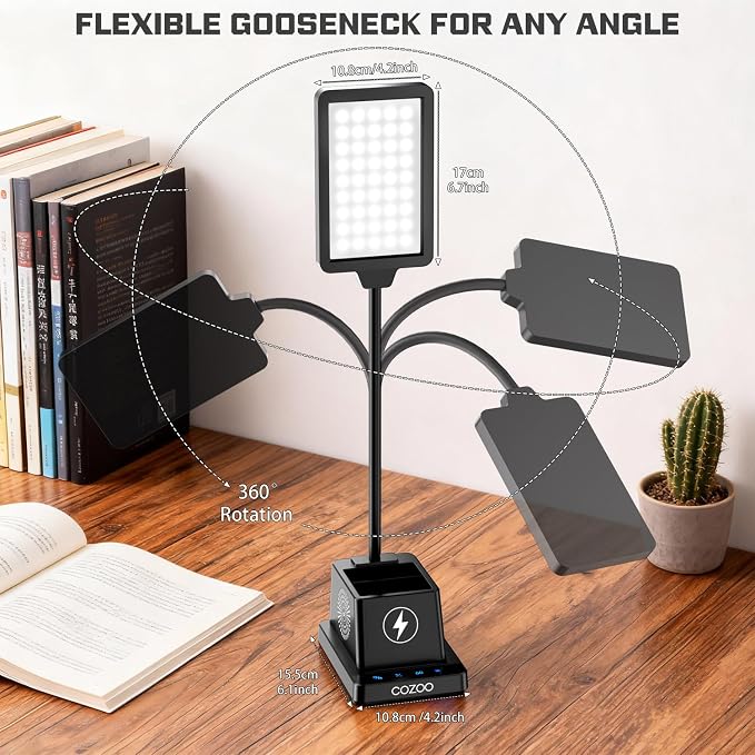cozoo LED Desk Lamp for Home Office, Desk Light with 15W Wireless Charger Pen Holder, 12 Lighting Modes Desk Lamp for Bedroom, Small Table Lamp for College Dorm, Study, Craft, Nail, Black