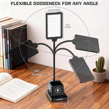 cozoo LED Desk Lamp for Home Office, Desk Light with 15W Wireless Charger Pen Holder, 12 Lighting Modes Desk Lamp for Bedroom, Small Table Lamp for College Dorm, Study, Craft, Nail, Black