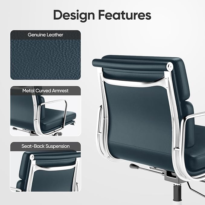 Mid-Back Genuine Leather Office Chair, Padded Executive Desk Chair with Aluminum Arms and Base, Swivel Wheels with Lumbar Support & Tilting Function, Hight Adjustable, Silent Weheels, Dark Blue