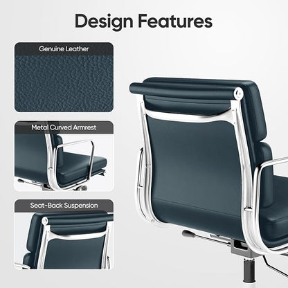 Mid-Back Genuine Leather Office Chair, Padded Executive Desk Chair with Aluminum Arms and Base, Swivel Wheels with Lumbar Support & Tilting Function, Hight Adjustable, Silent Weheels, Dark Blue
