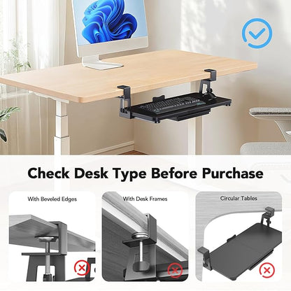 HUANUO Large Under Desk Keyboard Tray with Sturdy C-Clamp Mount, 26 (30.16" Including Clamps) x 12 inch Slide-Out Platform Computer Desk Heavy Duty Keyboard Tray with Storage Drawer for Typing, Black