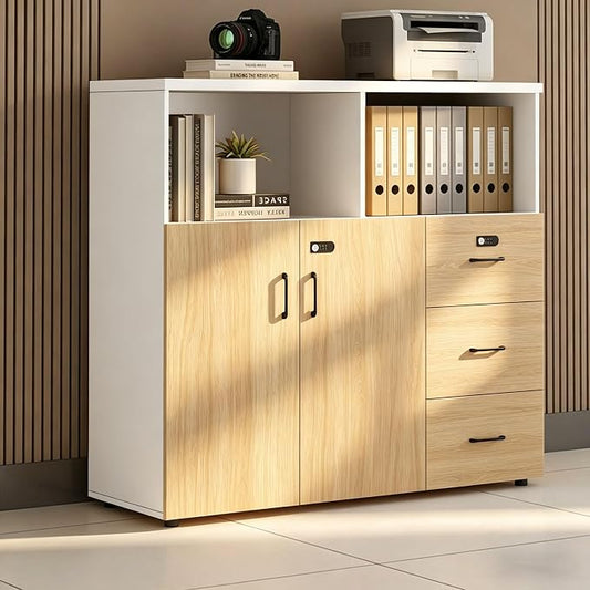 File Cabinet with Password Lock, Wood Lateral Filing Cabinet for Letter/A4 Files, 3 Drawer with Door, Printer Stand with Open Shelves for Home Office