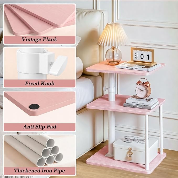 Faesun Swivel Side Table for Couch Arm, Adjustable C End Table for Recliner or Bed, Tv Trays with Storage Shelf for Small Spaces Small Nightstand Table for Living Room, Bedroom，Pink