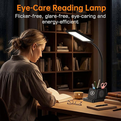 cozoo LED Desk Lamp for Home Office, Desk Light with 15W Wireless Charger Pen Holder, 12 Lighting Modes Desk Lamp for Bedroom, Small Table Lamp for College Dorm, Study, Craft, Nail, Black