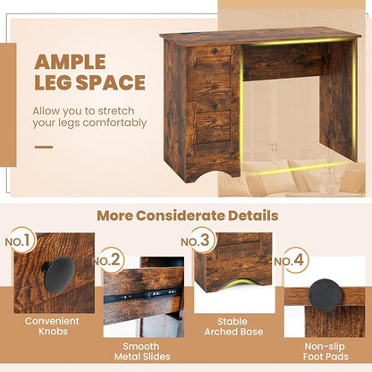 Giantex Computer Desk with 2 Drawers, 43” Wooden Home Office Desk with Charging Station, Compact Study Writing Desk, Modern Laptop PC Desk Workstation for Bedroom, Living Room (Rustic Brown)