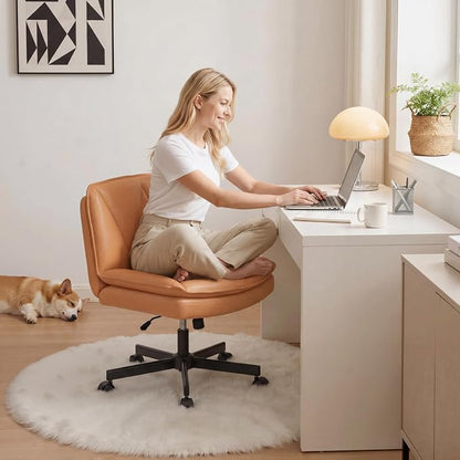 DurayLoly Criss Cross Chair with Wheels, Cross Legged Office Chair with 2 Layer Comfty Leather & Back, Armless Wide Vanity Chair for Home Office, Orange