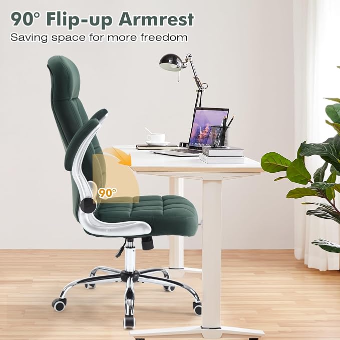 High Back Fabric Comfy Office Chair, Velvet Executive Desk Chair with Flip-Up Arms, Ergonomic Office Chairs with Lumbar Support, Upholstered Home Computer Swivel Chair with Wheels(Green)