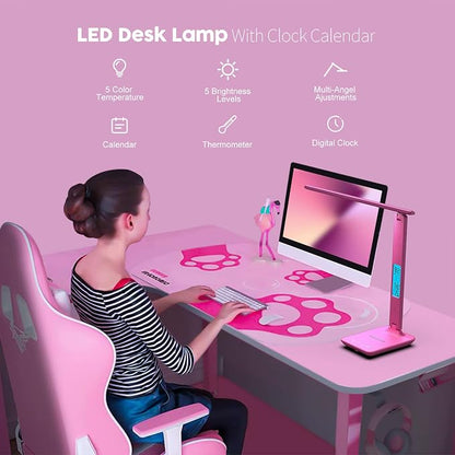 Desk Lamp, LED Desk Lamp with Wireless Charger, USB Charging Port, Table Lamp with Clock, Alarm, Date, Temperature, Office Lamp, Desk Lamps for Home Office, Pink
