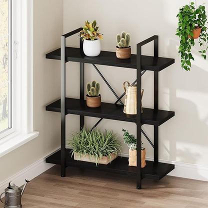HSH 3 Tier Black Bookshelf, Industrial Small Metal Wooden Storage Book Shelves, Modern Open Low 3 Shelf Bookcase and Display Etagere, Vertical Book Shelf for Bedroom Living Room Office, Black Oak