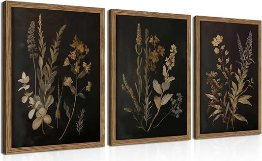 Framed Dark Botanical Wall Art Set of 3, Black Moody Floral Wall Decor Paintings, Dark Academia Decor, Vintage Flower Artwork Prints Pictures for Living Room Bedroom Bathroom 16x24 Inch