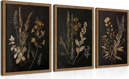 Framed Dark Botanical Wall Art Set of 3, Black Moody Floral Wall Decor Paintings, Dark Academia Decor, Vintage Flower Artwork Prints Pictures for Living Room Bedroom Bathroom 12x16 Inch