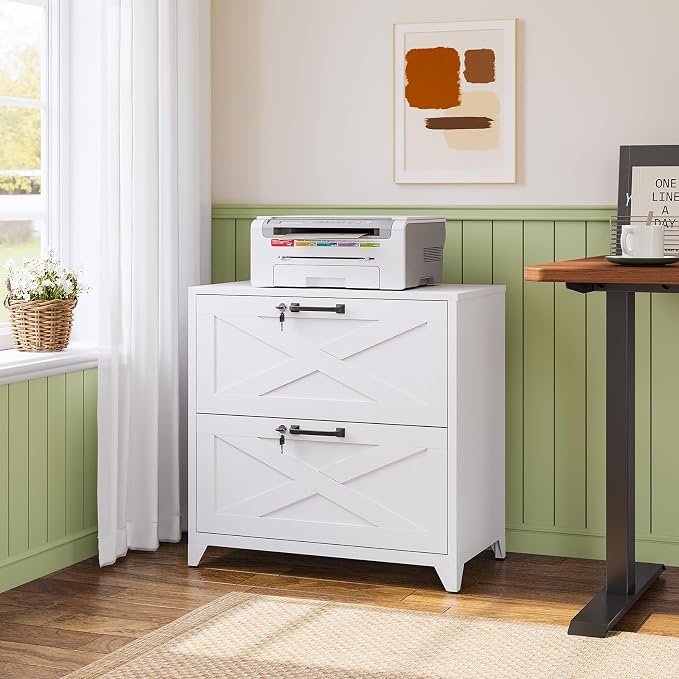 Farmhouse File Cabinet with Lock, Lateral File Cabinet with 2 Large Drawer for Letter/Legal/A4 Hanging Files,File Storage Cabinets Printer Stand for Home Office School, White