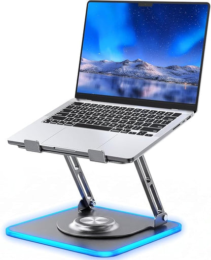 JOYEKY Adjustable Laptop Stand with RGB Lighting,Aluminum Ergonomic Computer Stand with 360° Rotating Base,Foldable & Portable Laptop Riser, Suitable for All 10-16” Laptops (Grey)