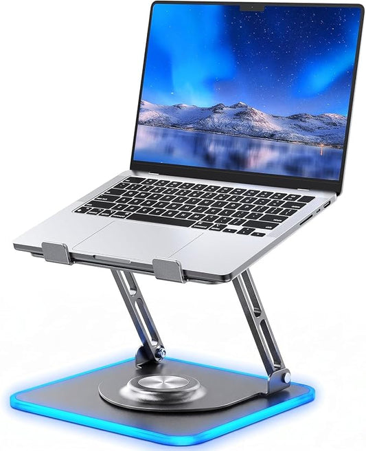 JOYEKY Adjustable Laptop Stand with RGB Lighting,Aluminum Ergonomic Computer Stand with 360° Rotating Base,Foldable & Portable Laptop Riser, Suitable for All 10-16” Laptops (Grey)