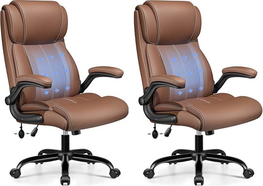 BESTFAIR Ergonomic Office Chair - Desk Computer Chair, Leather High Back Executive Chairs with Adjustable Lumbar Support & Flip Up Arms, Brown 2 Pack