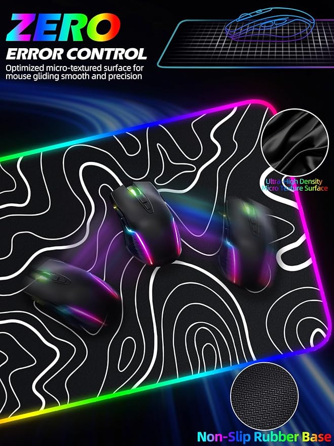 XXL Mouse Pad with Phone Holder - Black, RGB Desk Mat with 15W Fast Charging, LED Gaming Mousepad with 11 Light Colors, Waterproof Non-Slip Pad for Office & Home (Topographic)