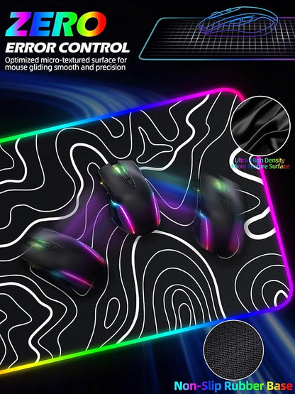 XXL Mouse Pad with Phone Holder - Black, RGB Desk Mat with 15W Fast Charging, LED Gaming Mousepad with 11 Light Colors, Waterproof Non-Slip Pad for Office & Home (Topographic)