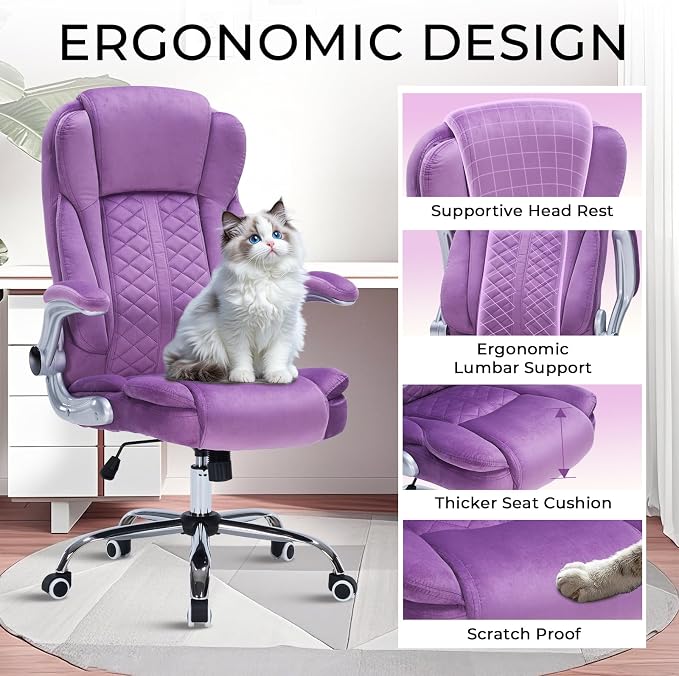 400lbs Executive Office Chair with Flip-Up Armrests, Big and Tall Computer Chair for Heavy People, Heavy Duty Ergonomic Comfy Chair, Breathable Plush Velvet(Purple)