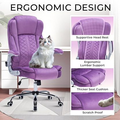 400lbs Executive Office Chair with Flip-Up Armrests, Big and Tall Computer Chair for Heavy People, Heavy Duty Ergonomic Comfy Chair, Breathable Plush Velvet(Purple)