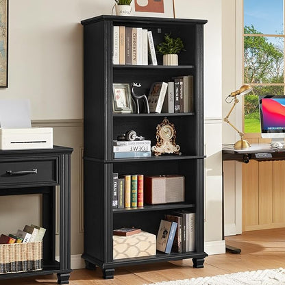 SAVOR LIFE 70" Tall Black Bookshelf,5 Tier Wooden Book Shelf with Adjustable Shelves & Wood Legs,Free Standing Farmhouse Bookcase with Open Display Storage,Vintage Bookshelves for Living Room,Office