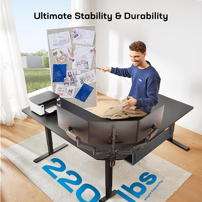 HUANUO Electric L Shaped Standing Desk, 63" x 63" Height Adjustable Corner Standing Desk with Built-in Power Outlets & Power Strip Holder, Sit Stand Up Table with 4 Preset Heights, Black
