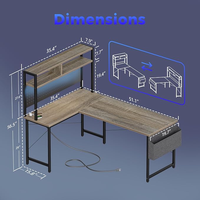 Mericonia 51 inch Large L Shaped Desk with Pegboard Hutch & Shelves, Corner Gaming Desk with Power Outlet, LED Light & Storage Bag, Reversible Computer Desk for Home, Bedroom, Office Workspace, Grey