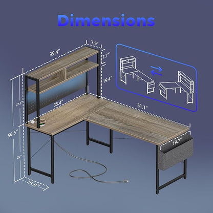 Mericonia 51 inch Large L Shaped Desk with Pegboard Hutch & Shelves, Corner Gaming Desk with Power Outlet, LED Light & Storage Bag, Reversible Computer Desk for Home, Bedroom, Office Workspace, Grey