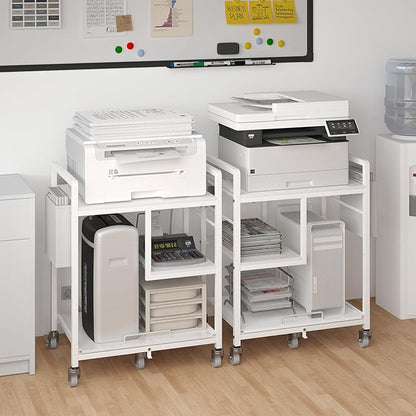Sedegn Large Printer Stand with Wheels: Lockable Rolling Printer Cart | 24 x 18 Inch Top Fits Laser Printers Shredders and PC Towers 3-Outlet Power Strip and Storage Bag for Home Office (White)