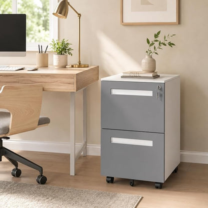 SAWJEC 2 Drawer File Cabinet with Lock, Grey Fully Assembled Rolling Metal Filing Cabinet for Home Office, Fits Letter/Legal/A4, Grey, 18" D x 15" W x 27" H